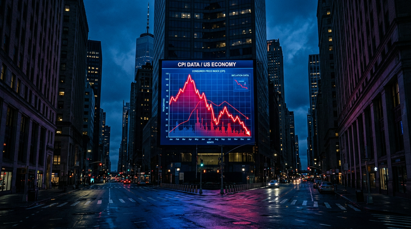Digital billboard displaying a declining CPI and US economy chart in Manhattan